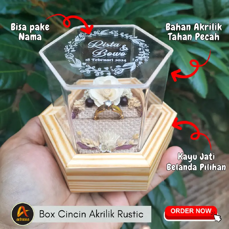 Kotak Cincin Mini Pernikahan Model Segi-6 Desain Rustic Custom Nama Mempelai dan Tanggal 7