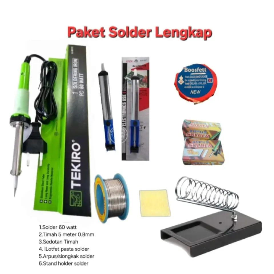 TEKIRO Paket Solder Lengkap 60 Watt Termasuk Tempat Solder Penyedot Timah 5 Meter 0.8mm Aprus Pasta Grase Praktis Efisien untuk Proyek Soldering