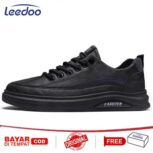 Leedoo Sepatu Pria Kulit Sneakers Casual Kekinian Sepatu Cowok Sepatu Kerja Tali Kekinian Sepatu Laki Remaja Hitam Karet MC440
