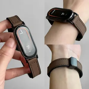 （Tidak termasuk jam）tali jam tangan For Xiaomi Smart Band 8/9/10 Strap Kulit Magnetik Tali Mi Band 8 9 10 Kulit Olahraga Tahan Air