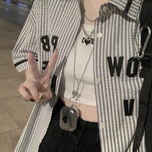 เสื้อเบลาส์ผู้หญิง ทรงหลวม เสื้อเชิ้ตลายทาง แฟชั่นอเมริกันย้อนยุค สไตล์ลำลอง