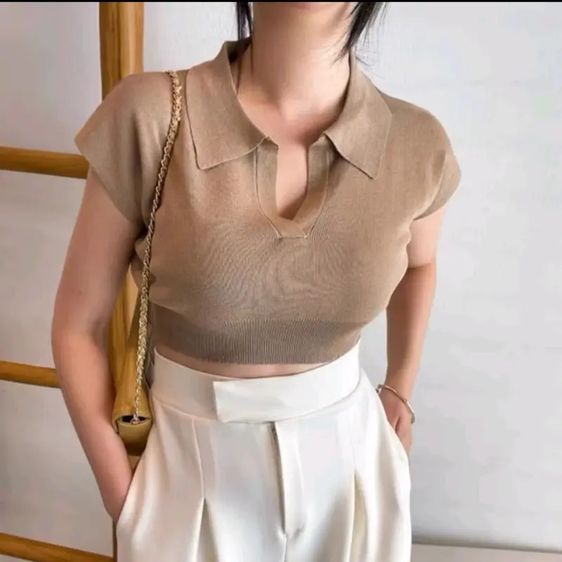 Atasan Rajut Polo Crop Top Knit / Crop Top Wanita Polos / Casual Top Pendek Knitwear Kerah 8