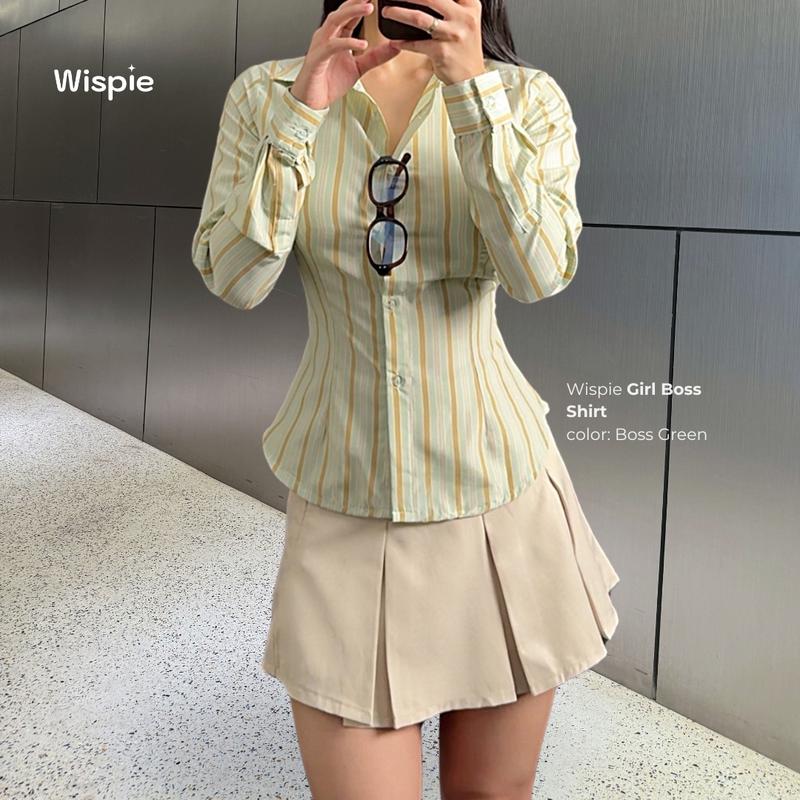 Wispie Girl Boss Fitted Shirt | Kemeja kerja wanita fit garis stripe karet Lembut pink hijau biru 4