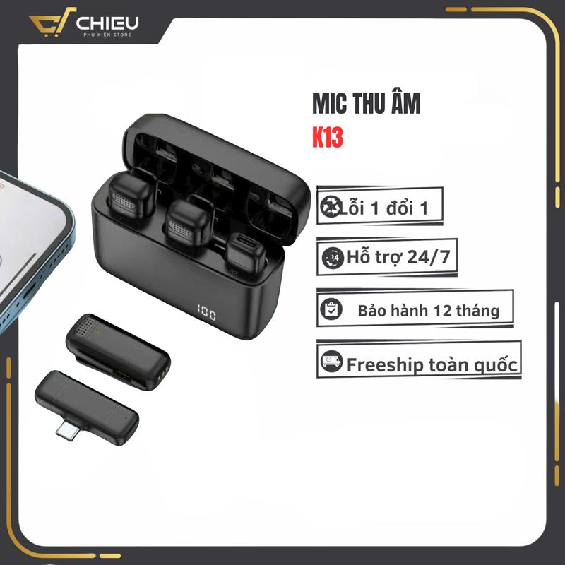 Micro Thu Âm K13 Không Dây, Cài áo, Khử Nhiễu, Khử Tiếng Ồn, Livestream Ghi Âm Quay Video Điện Thoại