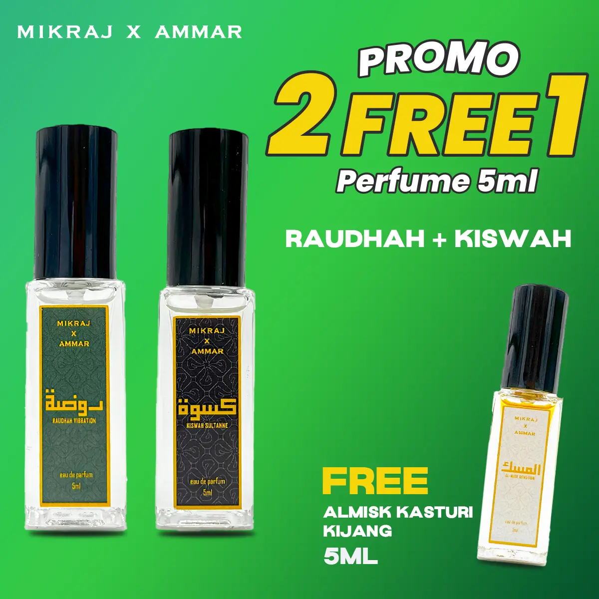 [BUY 2 FREE 1] Combo 5ml Raudhah & Kiswah & Al-Misk by MIKRAJ PARFUM Islamic Perfume EDP Unisex Men Women