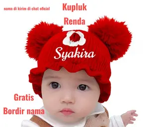 Kupluk Pompom Bunga Renda Request Bordir Nama Suka-Suka Bayi Kuning Merah Perempuan