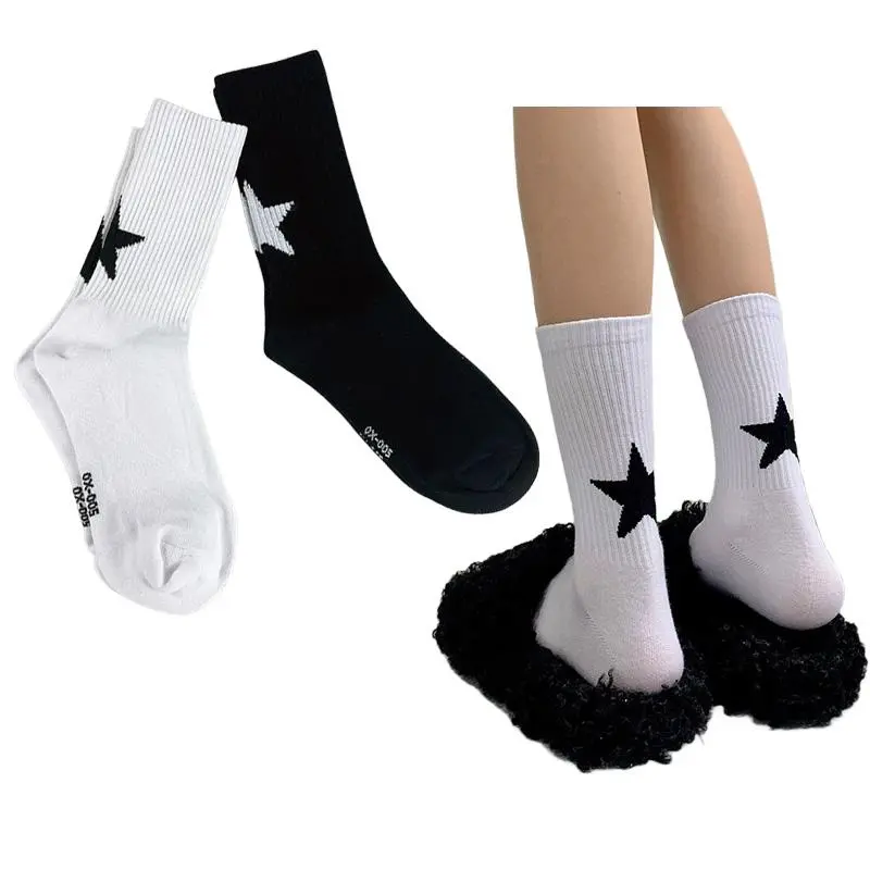 SS24 Sports Socks, Y2K, Five-Pointed Star Pattern, Black and White, For Men and Women, Simple Personality, Breathable, Street Style, Suitable for Sports, JK Sport