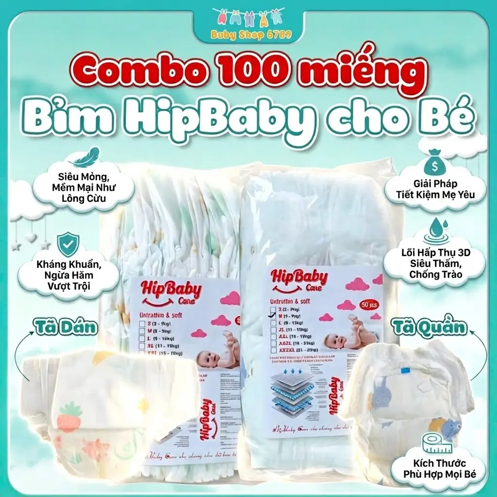 HipBaby Care Combo 100 Miếng Bỉm Quần & Tã Dán Cho Bé Mỏng Thoáng Thấm Hút Tối Ưu Size S-3XL Phù Hợp Nhiều Độ Tuổi Chất Liệu Mềm Mại & Thấm Hút Tốt