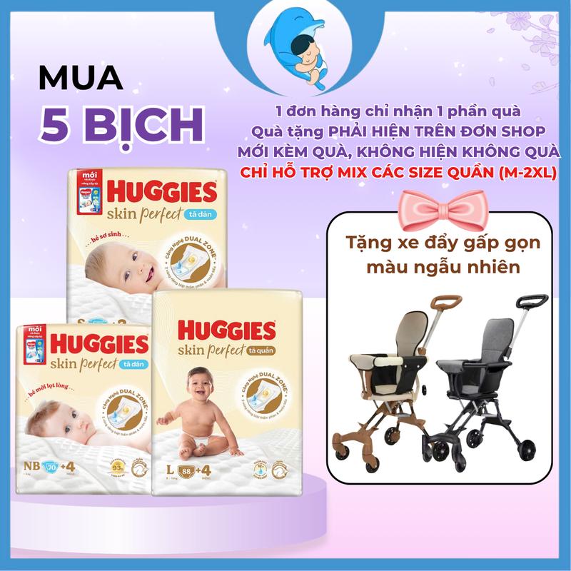 [Live KOC - Tặng xe đẩy gấp gọn] Combo 5 bịch Tã/Bỉm Huggies Skin Perfect Dán/Quần đủ size NB76/S82/M79/M102/L92/XL76/2XL68