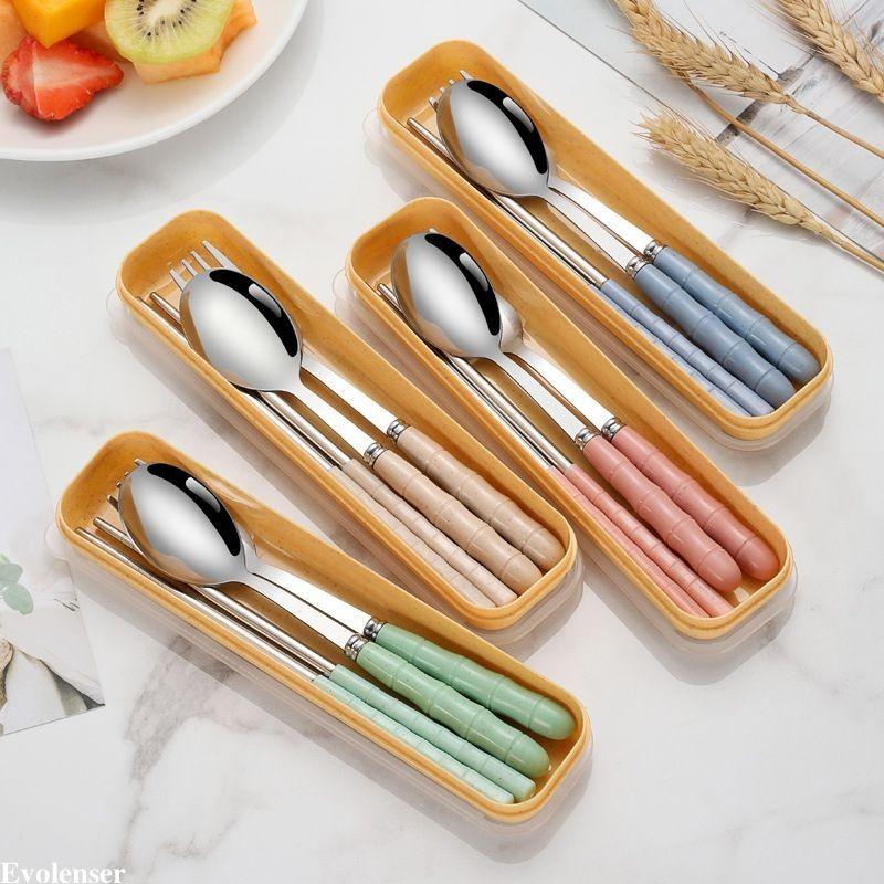  Bộ 3 Món Thìa Đũa Dĩa Lúa Mạch Cá Nhân Inox Không Gỉ Ăn Trưa Văn Phòng - Có Hộp Đựng Tiện Lợi 
