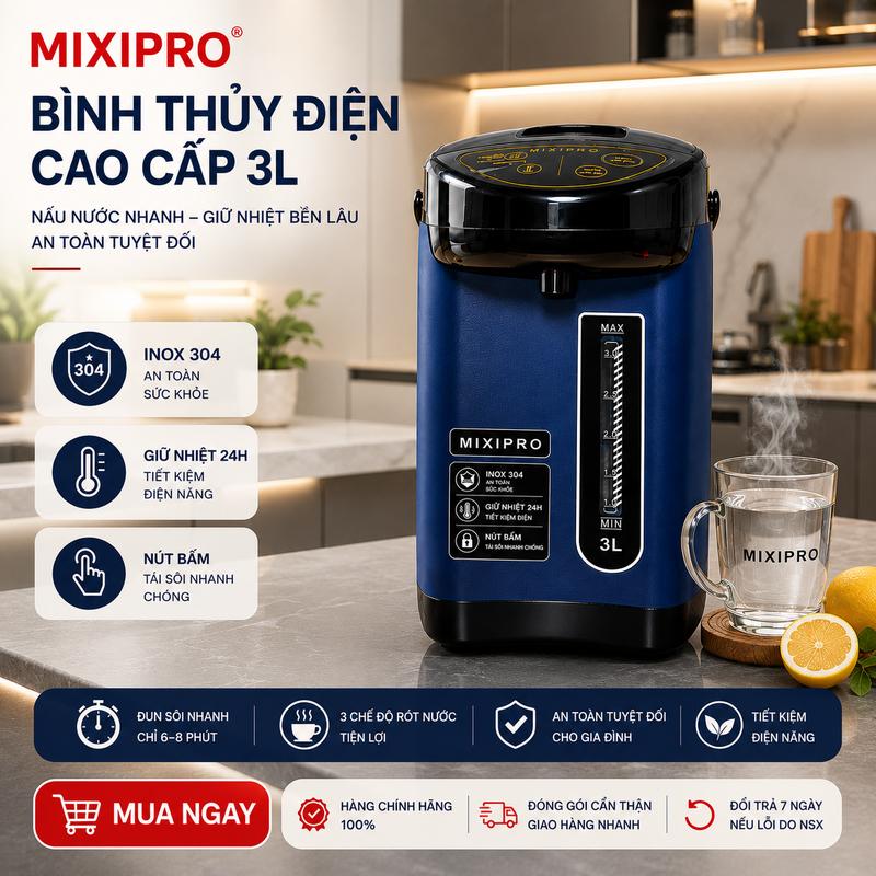 Bình Thủy Điện Giữ Nhiệt MIXIPRO 3L – Lòng Inox 304, Giữ Nóng 24H, 3 Chế Độ Rót Nước, Khóa An Toàn