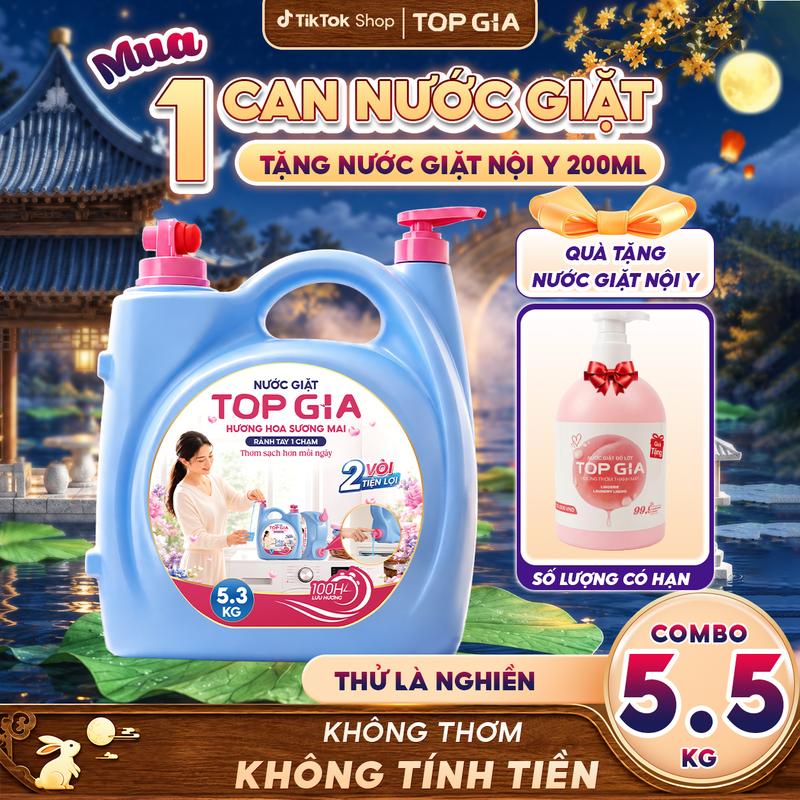 Can Nước Giặt Đậm Đặc 5,3KG, Can nước giặt xả 2 vòi thông minh TOPGIA hương hoa…
