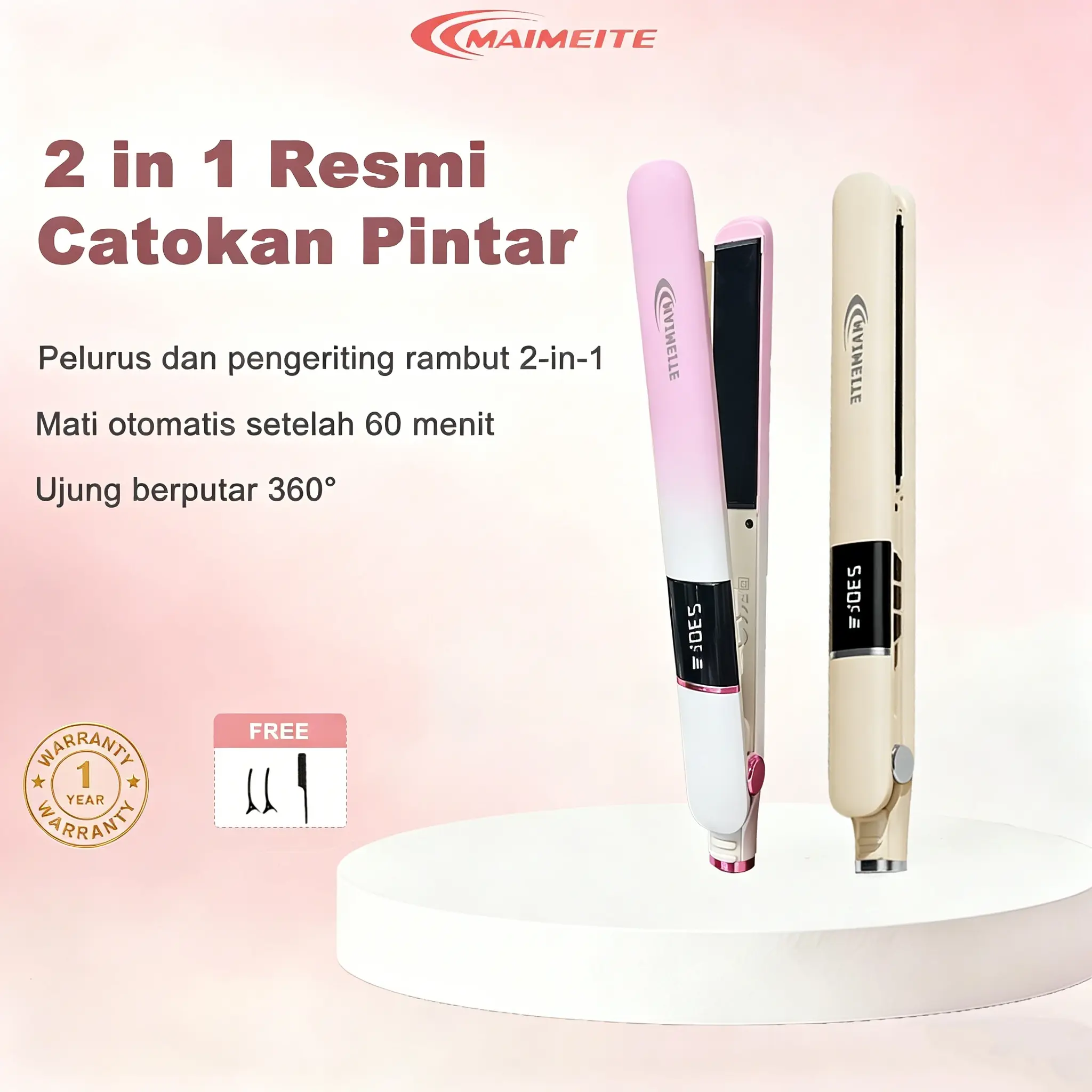 MAIMEITE Catokan Rambut 2 in1 Meluruskan Keriting Pelurus Rambut 360° Curly Sisir