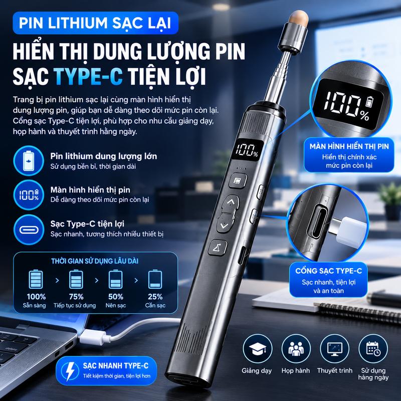 Bút Trình Chiếu Laser 2.4G Không Dây 300m, Bút Cảm Ứng Graphene, Bút Chỉ Bảng Kéo Dài 75cm, Pin Sạc Type-C, Màn Hình Hiển Thị Pin