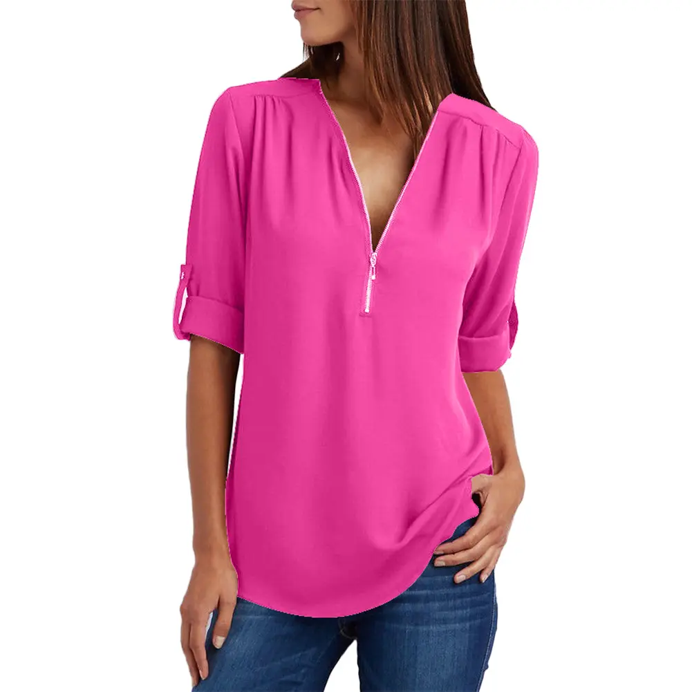 Gezenupo Casual Office Lady Sexy Solid Color Zipper V Neck Half Sleeve Shirt Loose Blouse