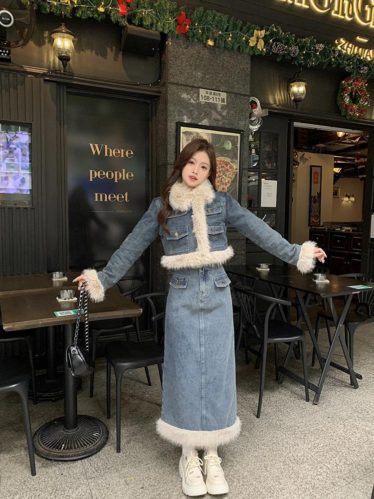 Product Introduction of Fujia Qianjin-Áo Khoác Denim Chần Bông Dày Lót Lông Cừu Cho Nữ, Váy Cạp Cao, Trang Phục Thời Trang Mới Mùa Đông 2023 29