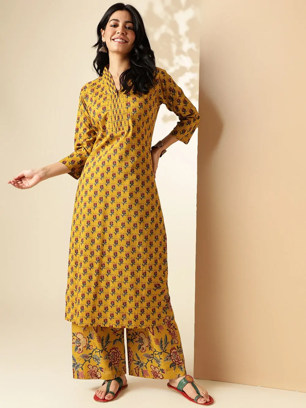 [ Ready SG Stock ] Mustard Floral Printed Straight Cut Cotton 2 Pcs Punjabi Suit / Co-Ord Set [Indian Smart Casual Wear]