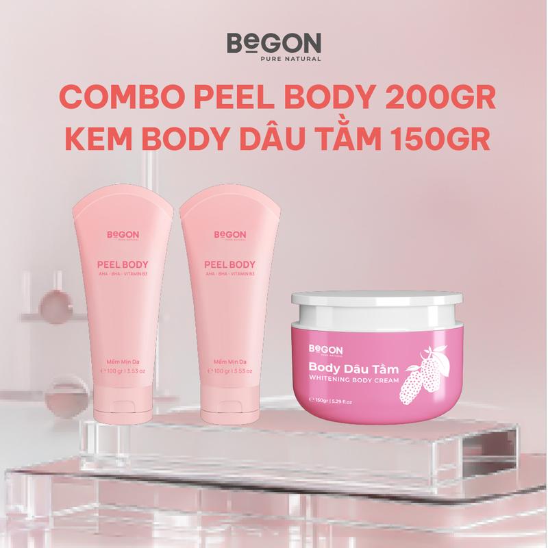 Combo Kem Peel Body 200gr + Kem Body Body Dâu Tằm 150gr Begon Hỗ Trợ Dưỡng Sáng Da Mịn Màng