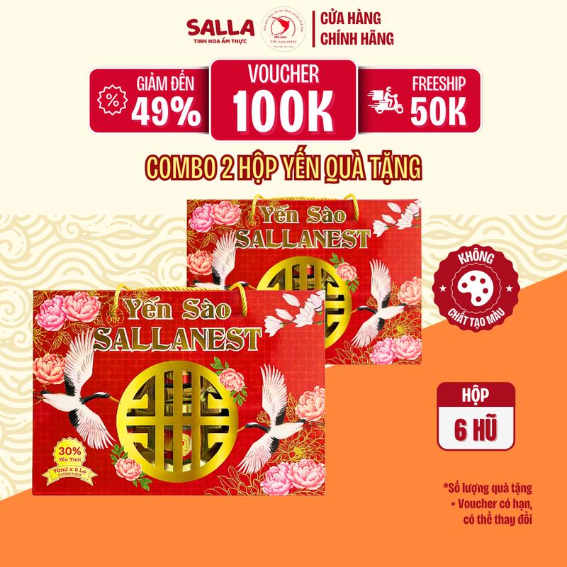 Combo 2 HỘP QUÀ TẶNG Yến sào SALLANEST 30% Yến tươi - 2 Hộp x 6 Hũ x 70ml