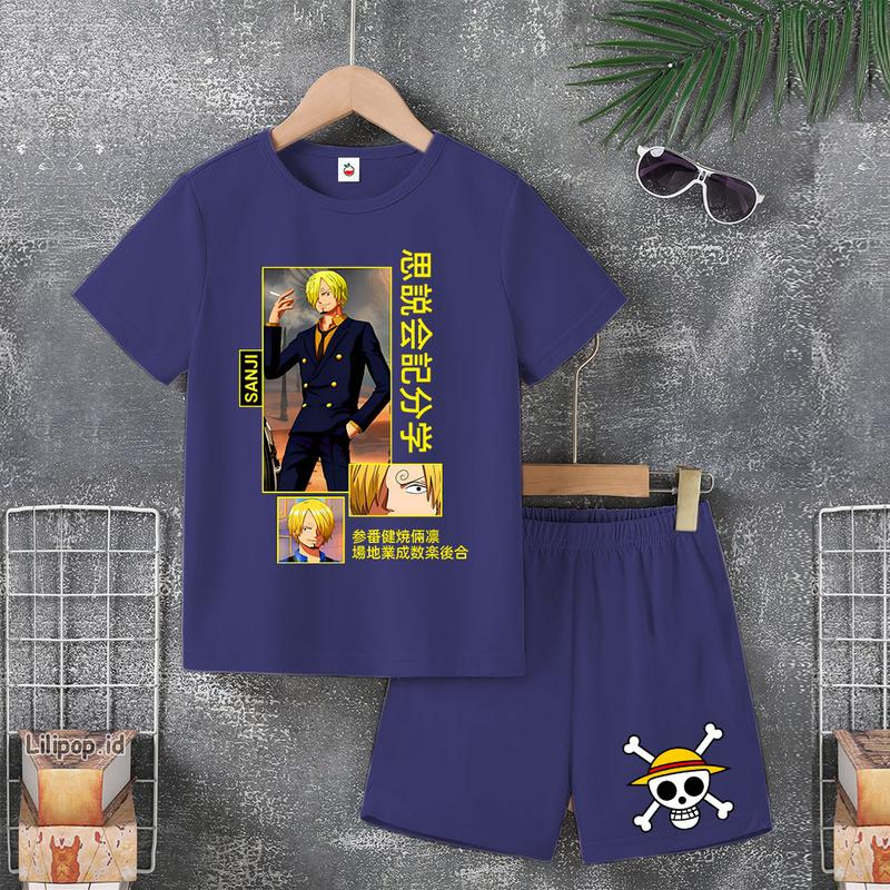 Baju Anak Stelan Usia 4 -10 Tahun LUFFY ONE PIECE Kaos 3/4 Cowok Cewek Celana Pendek Harian 7