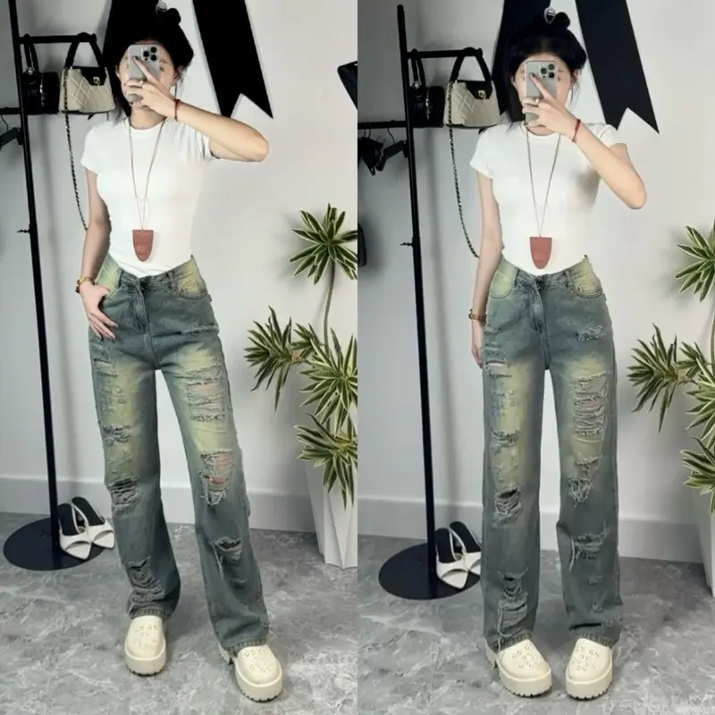 Quần Jean Nữ Ống Suông rách 2 mặt màu rêu ánh vàng, Quần Bò Nữ cao cấp ống rộng bụi, cạp cao SD1239