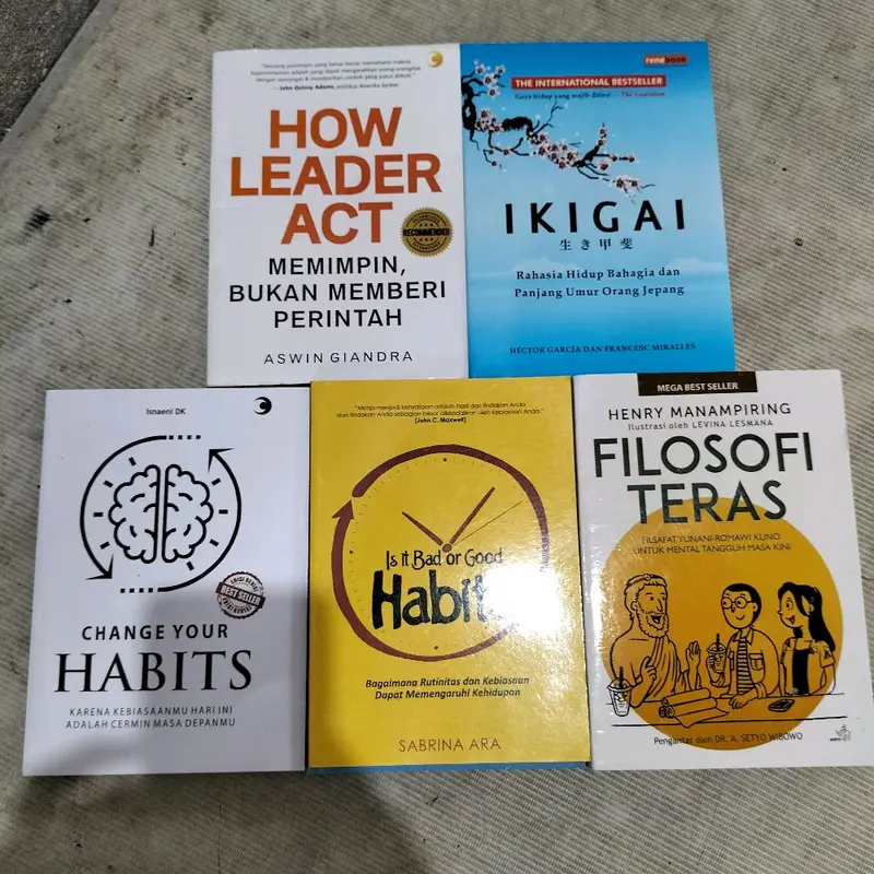 PAKET ISI 5 BUKU / HOW LEADER OF ACT / IKIGAI / CHANGE YOUR HABITS / IS IT BAD OR GOOD HABITS / FILOSOFI TERAS / SURAT YASIN 0