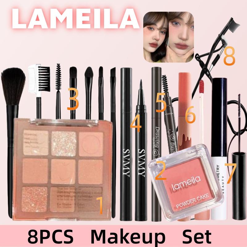 8pcs Bộ Trang Điểm Hàng Ngày, Son Kem Bóng Nhung Mờ , Phấn Má Hồng Dạng Bột Nguyên Chất, Phấn Mắt Chín Màu, Bộ Cọ Trang Điểm, Màu Đen Mắt Bền, Kẹp Lông Mi, Chì Kẻ Mày Tự Nhiên, Bút Kẻ Mắt Bộ trang điểm cho phụ nữ Mỹ Phẩm