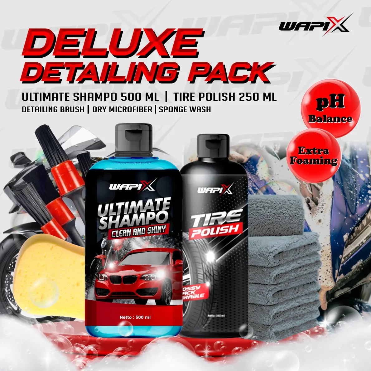 Paket Cuci Motor Mobil Premium | WAPIX Ultimate Shampoo Extra Foam Ph-Balance & Tire Polish Wet Look Ban  Kendaraan sabun  cuci sabun  motor Paket Lengkap sampo bubble gum