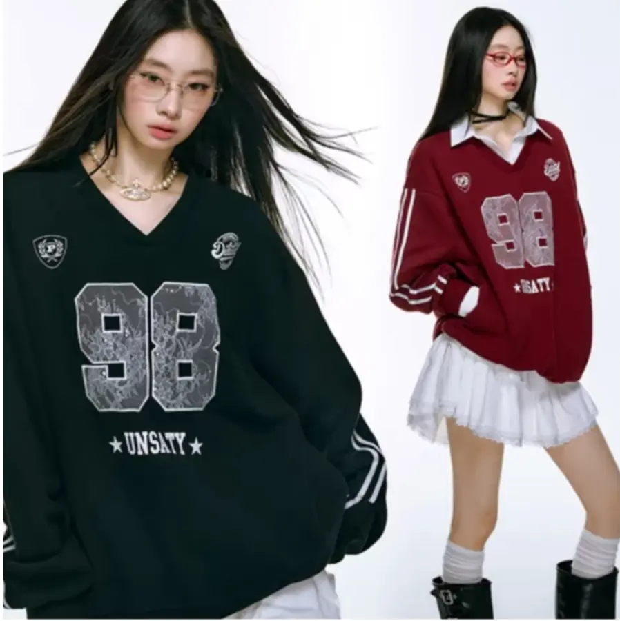 UNSAN 98 SWEATER VNECK SPORTY LENGAN LIST AMERICAN STYLE NTR Oversize Sweatshirt Fleece