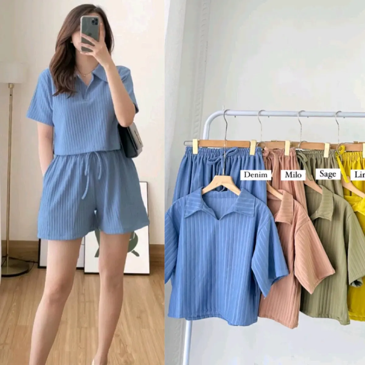Setelan Crop top knit Hornets Wanita masakini Baju Kerah Pantai Variasi Celana Pendek Atasan Nyaman Tebal Lembut Karet