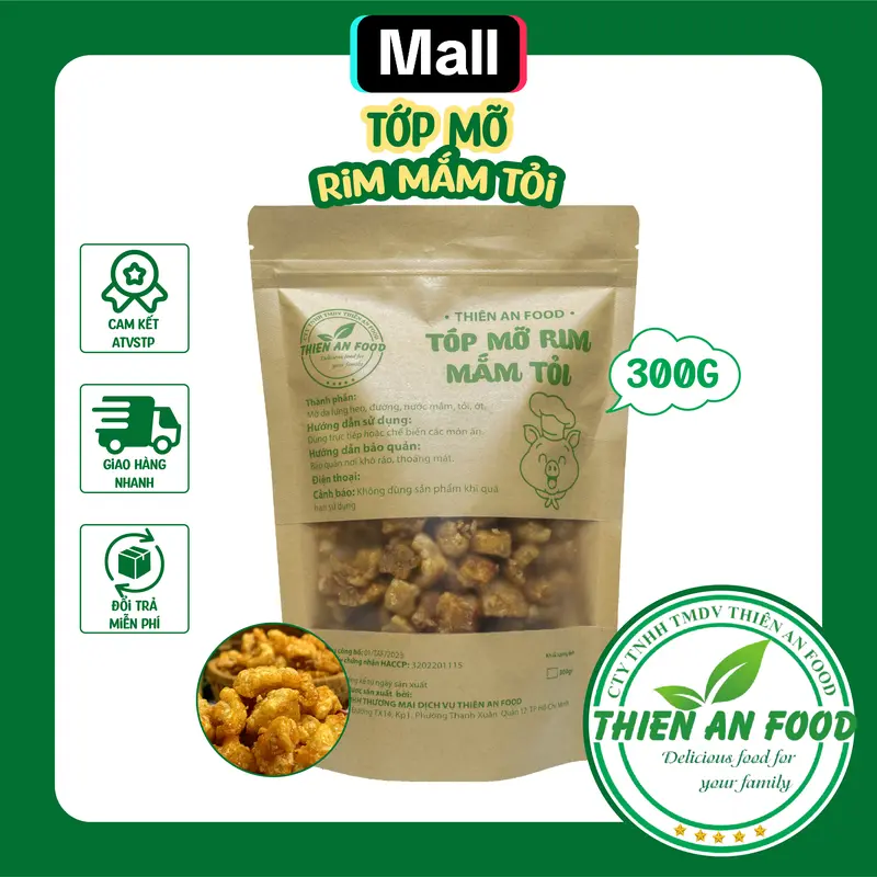 Thiên An Food [TÓP MỠ RIM MẮM TỎI TÚI GIẤY 300G]LOẠI LIỀN DA giòn ăn kèm bánh tráng hoặc dùng trực tiếp Ăn Vặt Snack Food  đồ ăn nhẹ khô Thức Ăn kèm với  bánh  tráng tóp  mỡ com  chay mam tóp  mỡ tóp  mỡ tóp mỡ  thiên 0