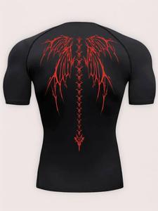 Men's Wing Print Compression Sports Graphic Tee, Quick Drying Breathable T-shirt for Summer, Comfy Men's Fit Sportswear for Outdoor Gym Workout Running, Kwon Compression Shirt, Gymclothes, Athletic Activewear, Athletic Fashion, Black Sporty T Shirt