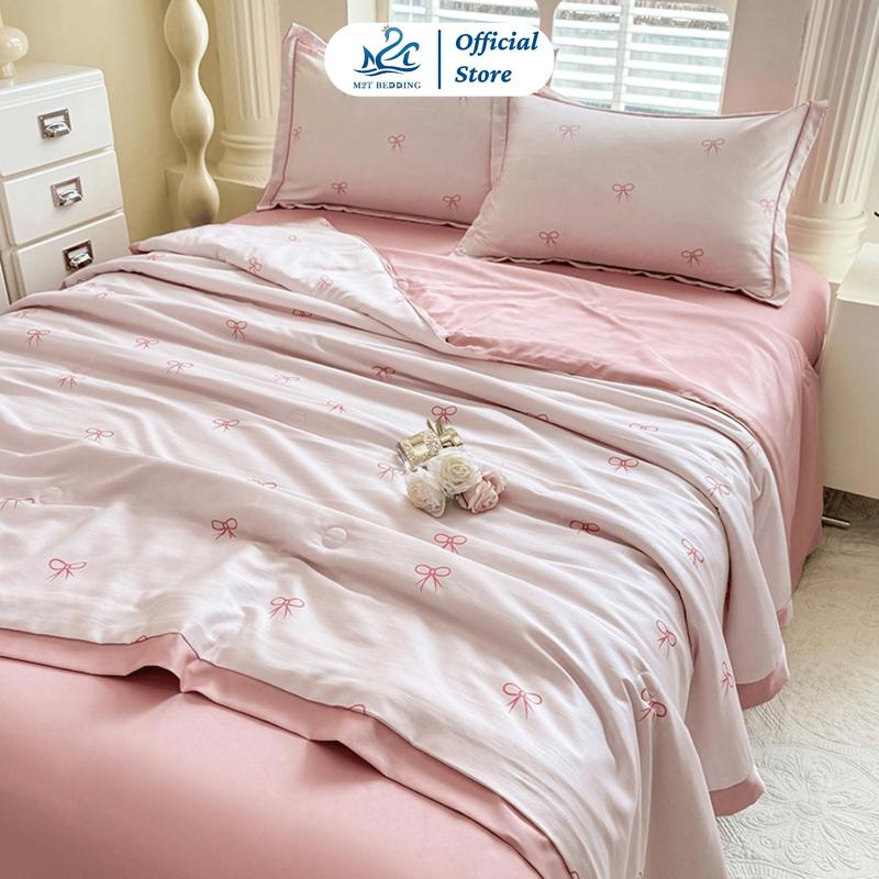 TẶNG VỎ GỐI ÔM Bộ chăn ga gối LỤA THÁI 9D M2T BEDDING mềm mịn mát - chăn chần bông mỏng cho mùa hè ga giường và 2 vỏ gối nằm