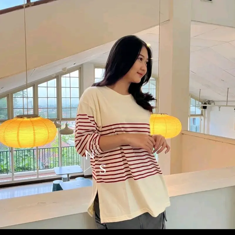 Atasan wanita salur lengan panjang bahan katun combed 24s daily zig zag baru Hanya Rp58.000! 5