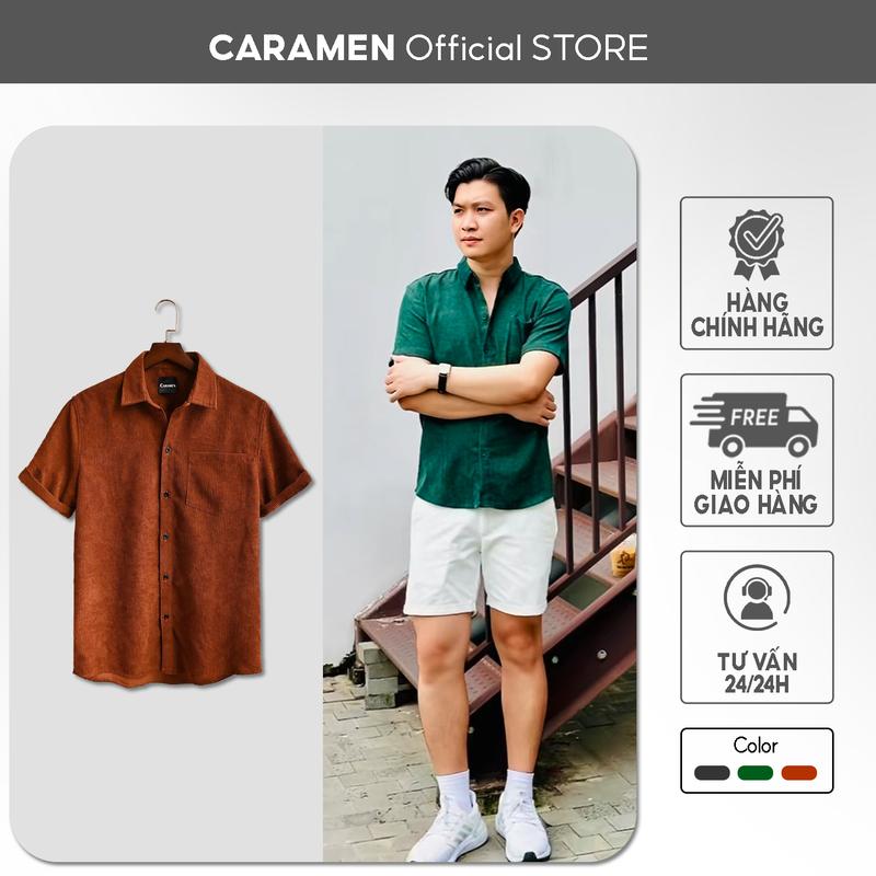Áo sơ mi nam ngắn tay vải nhung tăm cao cấp CARAMEN trơn basic chống nhắn Menswear