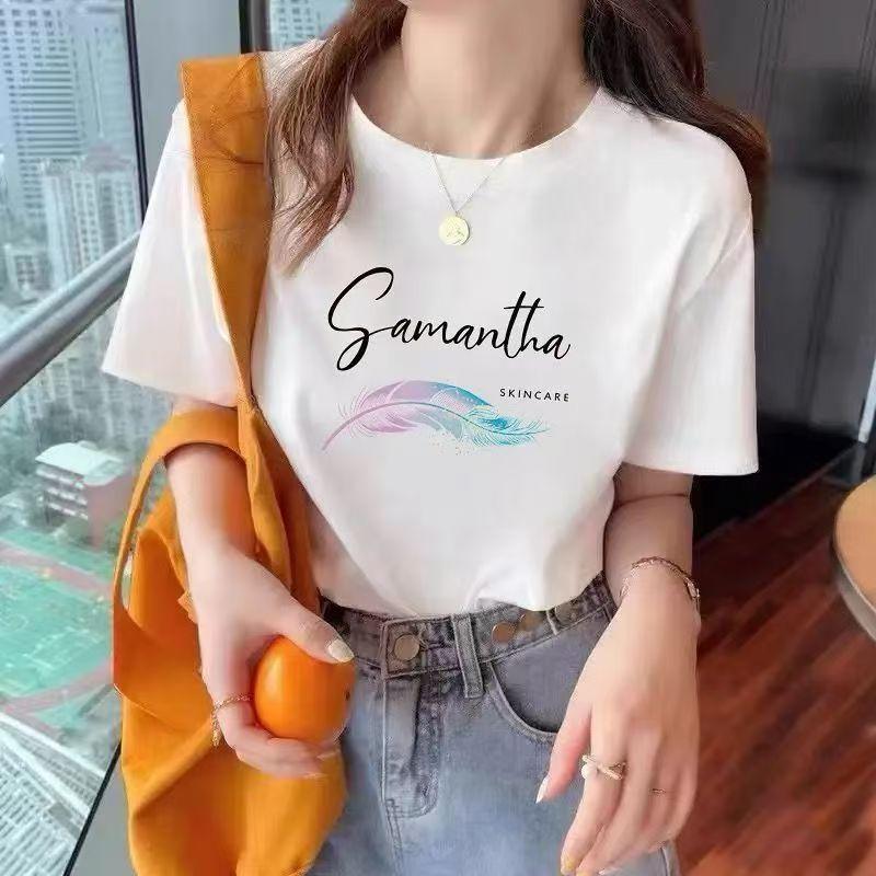 Product Introduction of Western style short sleeved printed summer new white shoulder half sleeved casual style sports top loose and versatile slimming T-shirt 21