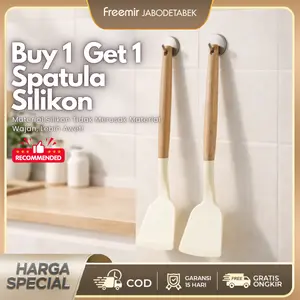 [MEGA SALE] freemir Set Spatula 2 Pcs Silicone Gagang Kayu Tahan Panas Sutil Anti Leleh Anti Gores Wajan Food Grade Lebih Sehat Awet Kitchenware Premium Dapur Silikon