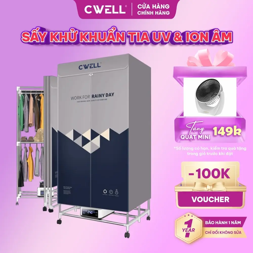 Tủ sấy quần áo gấp gọn CWELL D23 công nghệ sấy gốm PTC, khử khuẩn tia UV diệt khuẩn và ION 1500-2000W, Sấy khô 10-20kg quần áo mùa đông, nhiều chế độ sấy, cảm ứng hiện đại, tiết kiệm diện tích cao 1m7 - TẶNG QUẠT