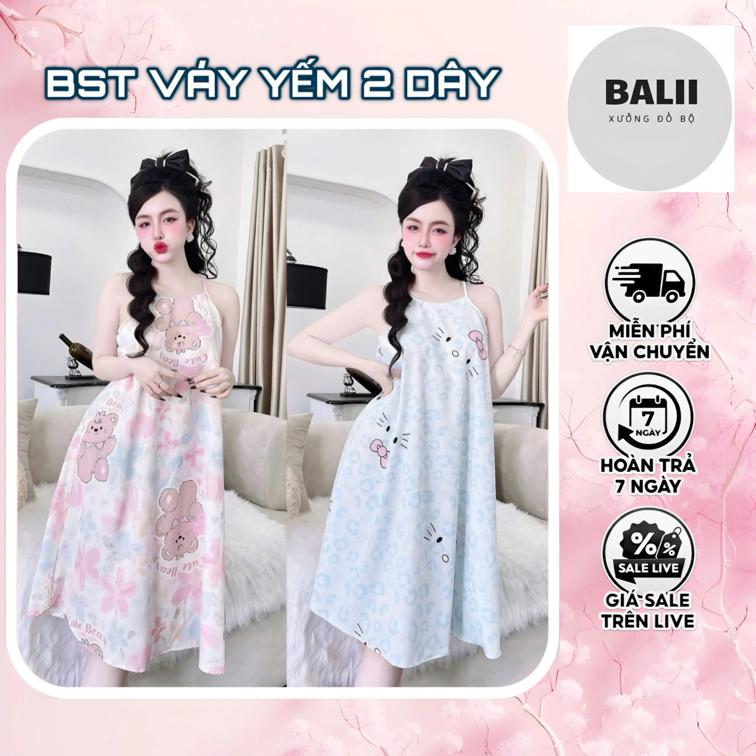 [BST YẾM] 40-80kg Váy Yếm Lụa Hàn 100D Mặc Nhà Họa Tiết Dễ Thương - Xinh Xắn- Mát Mẻ Thoải Mái Mặc Nhà Váy Dài Pijama