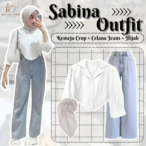 Keyvara Sabina Outfit Wanita Kekinian Kemeja Crop Katun Celana Jeans Light Blue Bella Square Hijab Ivory KY4J Setelan 3in1 Chic untuk Nongkrong