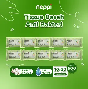 (10 Pcs x 50 Lembar) Neppi Tisu / Tissue Basah Antibacterial Changing diapers Wipes Non Parfum Aloe Bayi