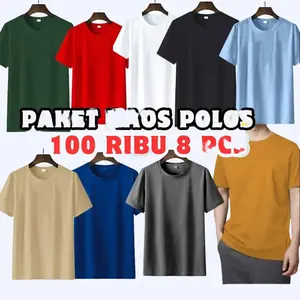 KAOS POLOS 100 RB dapat 8pcs Pria baju Cowok atasan T-shirt Pendek Lembut Polyester