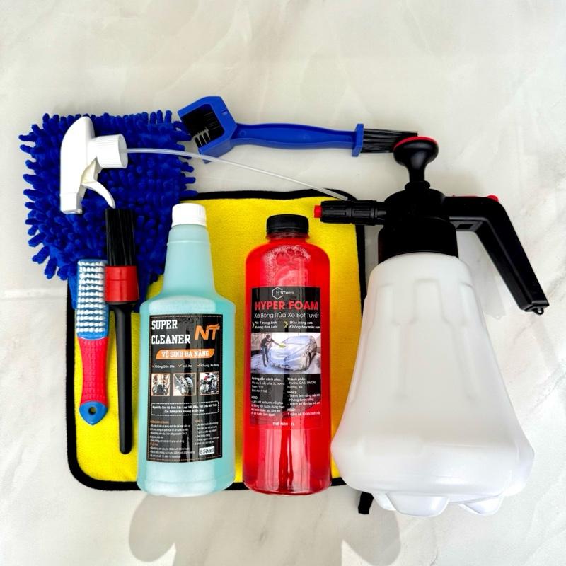 Combo Bình Xịt Bọt Tuyết V2+Super Cleaner 850ml + Xà Bông Rửa Xe Wax Bóng 1 Lít Kèm Dụng Cụ Bình Xịt