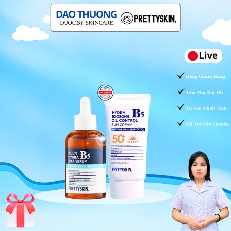 PS.Prettyskin. bộ 2sp phục hồi bảo vệ gồm: Serum B5 da dầu và Kem chống nắng (B5 có nâng tone hoặc Rau má 365) SPF50+ PA++++ (100ml) Skincare Làm Đẹp Dưỡng Ẩm Da