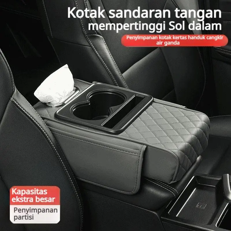 Bantalan peninggi armrest mobil model terbaru, kotak penyimpanan 4 in 1 dengan tempat tisu dan tempat gelas, sandaran siku universal untuk armrest tengah, armrest tengah untuk mobil, material napa leather premium anti gores dan tahan lama
