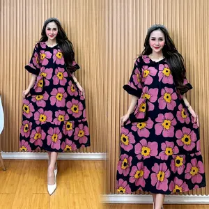 Daster Rempel Saku Jumbo ld 120 Resleting depan Daster shelly - Wanita Busui Rayon Bumil Cantik Kerah Santai Bunga Motif Tidur Nyaman Dress