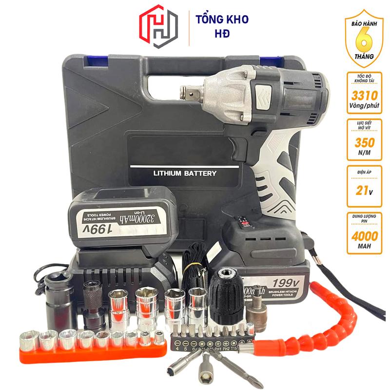  Máy Siết Bulong 199V Khoan Pin Bắn Vít Siết ốc KHÔNG CHỔI THAN Loại 2 PIN 