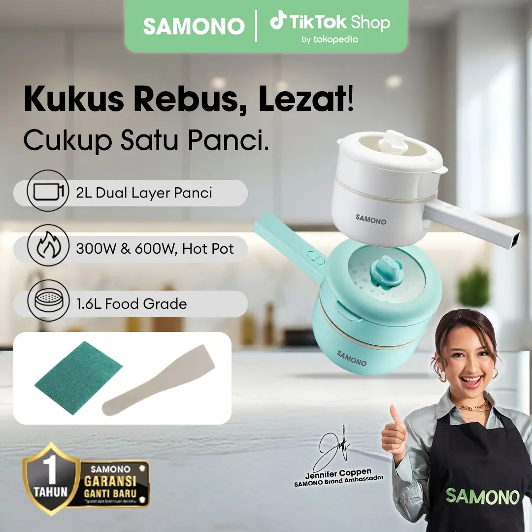 (VD AD) SAMONO 2L Panci Listrik Serbaguna Multi Cooker Anti Lengket 300W/600W Dual Power Food Grade Free Steamer SW-DG08 Kabel Stainless