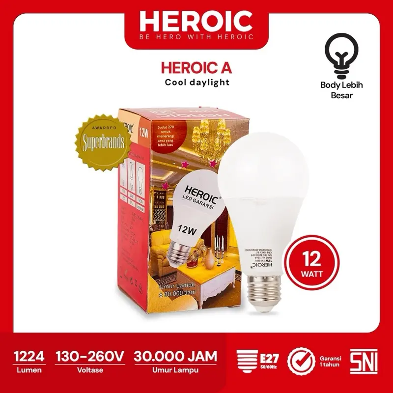Lampu Heroic LED A 12 Watt / Bohlam LED Lampu Hemat Energi SNI