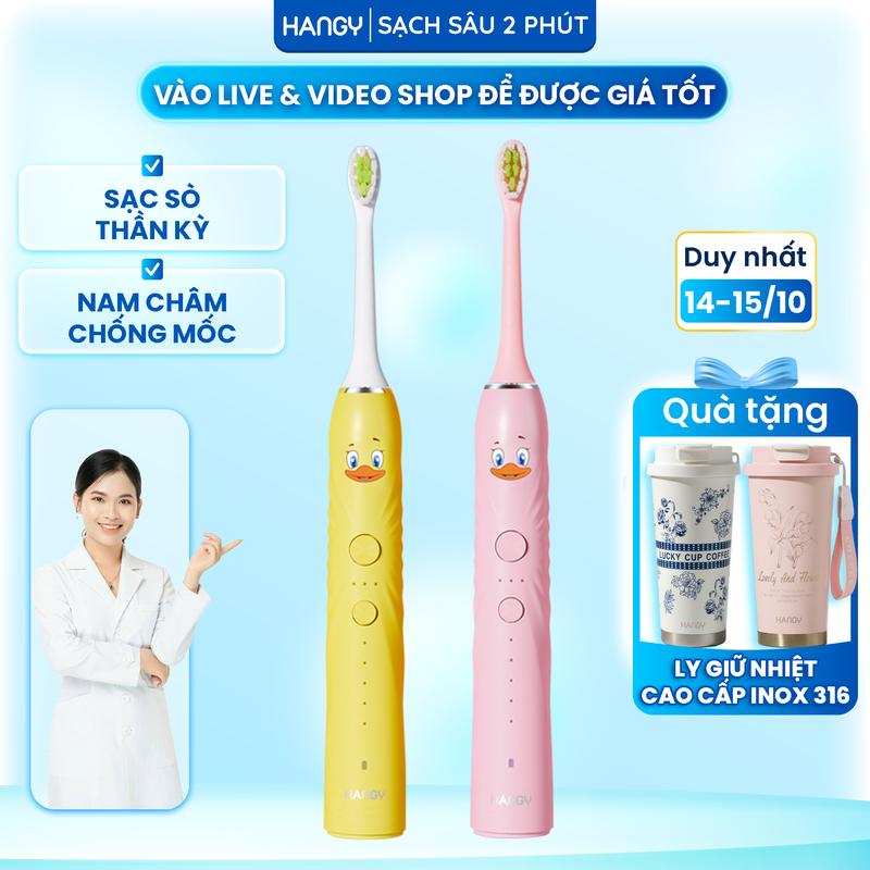 Bàn chải điện trẻ em HANGY dành cho bé từ 3 tuổi - Công nghệ siêu sóng âm an toàn cải thiện sức khỏe răng miệng cho bé